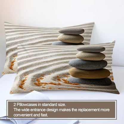 Zen-Inspired Stones Duvet Cover Set King Size,Beach Bedding Set Zen Comforter Cover 3Pcs,Kids Teens Couple Adults Room Decor, Bedspreads Cover,2 Pillowcases(NO Comforter)