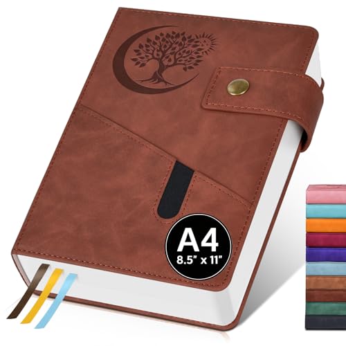 PAIBAS A4 Leather Lined Journal Notebook, 8.5"x11" 366 Pages 100GSM College Ruled Hardcover Diary with 3 Ribbon Bookmarks, Brass Snap & Front Pocket, Journals for Writing Work Travel Men Women - color: Dark Brown, size: A4 (8.5" x 11")