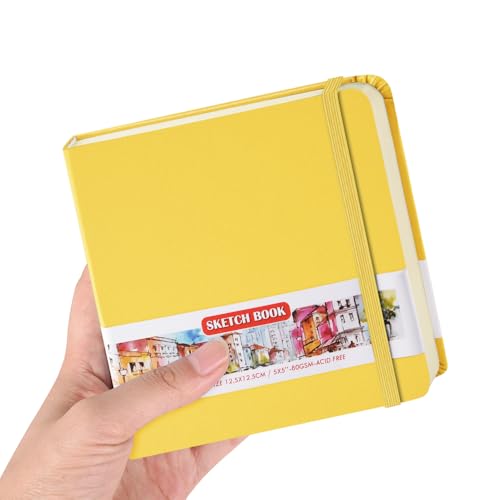 E-WEICHEN Square 5x5 inches 80gsm 96sheets/192 Pages Notebooks Blank Sketchbooks Travel Journal Pocket Hardcover Paint Writing Diary Memo Planner PU Leather Cover. Yellow - color: PU Cover-5x5in-Yellow