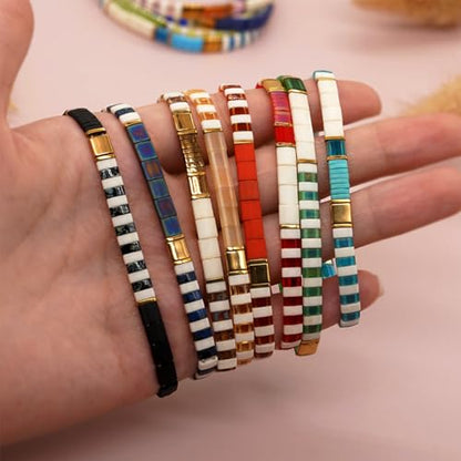 Tila Beaded Stretch Strand Bracelets for Women, Cute Boho Stackable Handmade Colorful Mixed Flat Square Beads Elastic Beach Surfer Bracelet Trendy Jewelry Friend Gift - color: 0901G