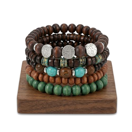5 Pcs Beaded Bracelets, Elastic Wood Alloy Boho Stackable Handmade Beaded Bracelets, Boho Jewelry For Women Men