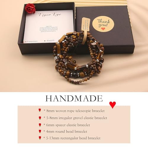 5Pcs Healing Crystal Bracelet for Women Men, Handmade Adjustable Gemstone Bracelets Beaded Reiki Energ Bracelet Set Jewelry Gifts for Women Men - color: Tigers Eye
