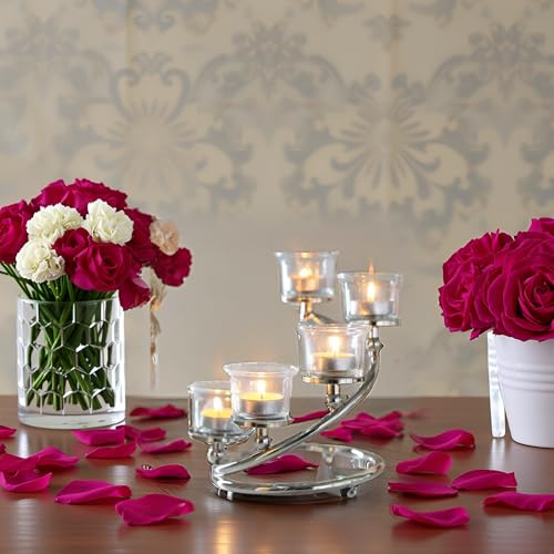 1Pc Silver 5-arm Metal & Glass Tea Light Candle Holders for Table Centerpiece, Glass Votive Tealight Holders/Candelabra Candlestick Holders for Wedding,Party, Anniversary,Christmas - color: Silver