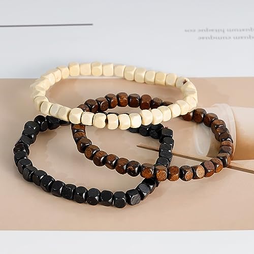 3 Pcs 5mm Wood Beads Bracelet for Men Women Elastic Stretch Mala Prayer Meditation Wristband