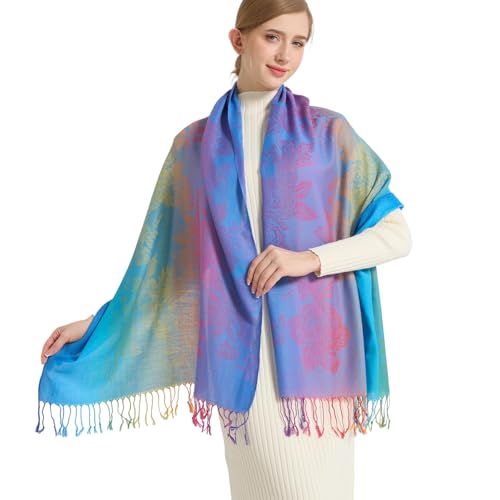 Rave Pashmina Scarf, Fashion Colorful Shawls and Wraps Soft Festival Scarves - color: C-peacock Blue (Flower Pattern)
