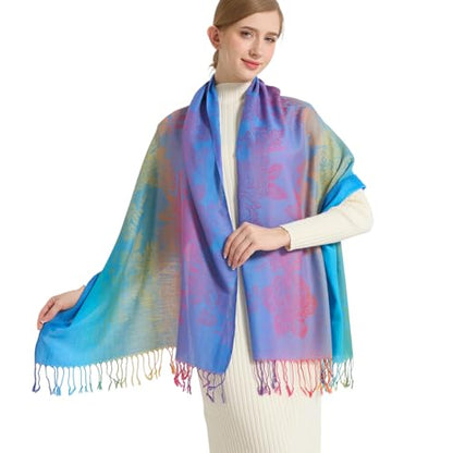 Rave Pashmina Scarf, Fashion Colorful Shawls and Wraps Soft Festival Scarves - color: C-peacock Blue (Flower Pattern)