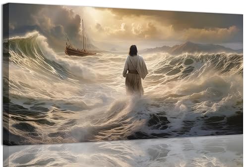 3Pcs Jesus Walking On Water Canvas Wall Art Christian Bible Stories Painting Picture Wall Decor Religious Spirit Faith Poster Print Artwork For Living Room Bedroom Church 40x20 in Ready To Hang - color: Canvas, size: 40"L x 20"W