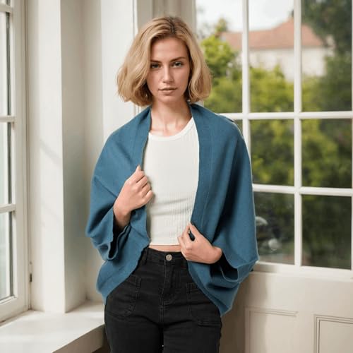WaJuemy Shrug Sweater Shawl Wraps for Women Soft Cashmere Ponchos Sweater Cardigan Casual Open Front Top Cape Shawls - color: 09 Turquoise