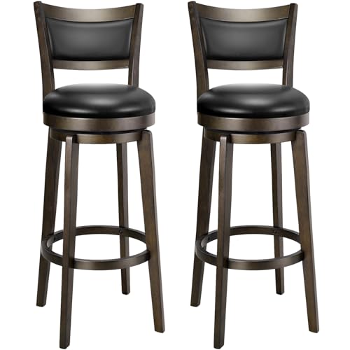 PrimeZone Swivel Bar Stools Set of 2, 34 Inch Extra Tall Bar Height Barstools, Black Faux Leather Bar Stool with High Backrest, Solid Wood Leg, Wrap-Around Footrest, Counter Stools for Pub - size: 34" Extra-tall Bar Height