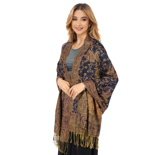 MUQU Women Pashmina Shawls and Wraps Scarf Soft Silky Reversible Paisley Scarves Shawl for Women - color: Navy Blue-a