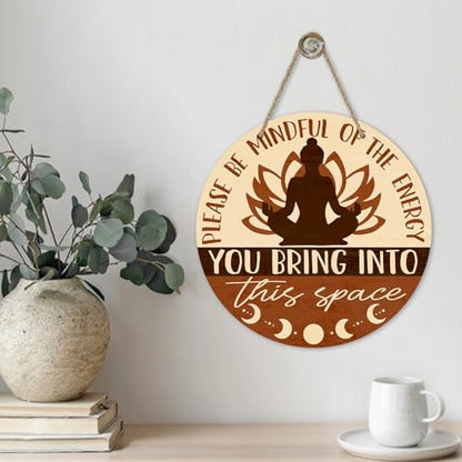 Positive Energy Buddha Front Door Sign, Meditation Room Zen Den Wood Door Hanger Decor, Spiritual Wooden Wreath Indoor Yoga Studio Spa Therapy Wall Hanging Decoration Meditation Accessories Gifts