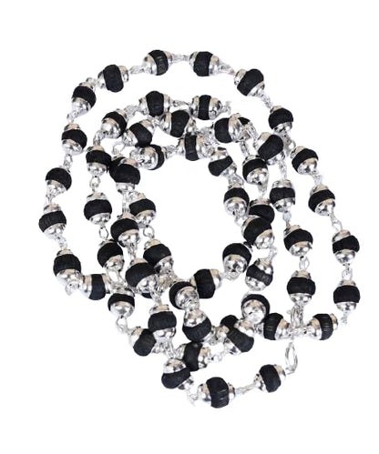 Tulsi Mala in Designer Caps Natural Tulsi Jap Mala - color: Black & Silver