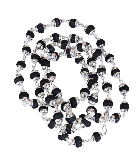 Tulsi Mala in Designer Caps Natural Tulsi Jap Mala - color: Black & Silver
