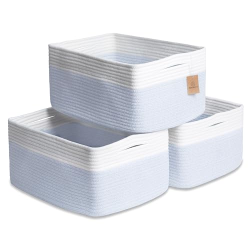 NaturalCozy Storage Baskets 16.8”x13”x7.6” Cotton Rope Woven Baskets for Organizing 3-Pack | Toy Storage Bins | Basket for Shelves, Laundry, Blanket, Clothes, Closet, Kitchen, Bathroom, Gifts - color: Off White & Mixed Blue