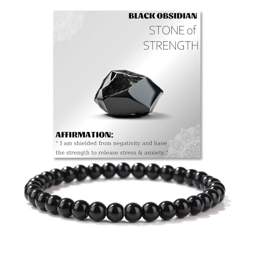 Crystal Beaded Bracelets for Women 4mm Clear Quartz Bead Handmade Gemstone Stretch Elastic Bracelet Natural Stone Crystal Healing Reiki Spiritual Jewelry Gifts - color: Black Obsidian, size: 6mm