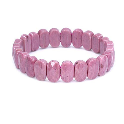 Keleny Semi Precious Stones 14mm Faceted Oval Beads Crystal Rock Elastic Bangle 7.5 Inch - color: A Grade Pink Rhodonite