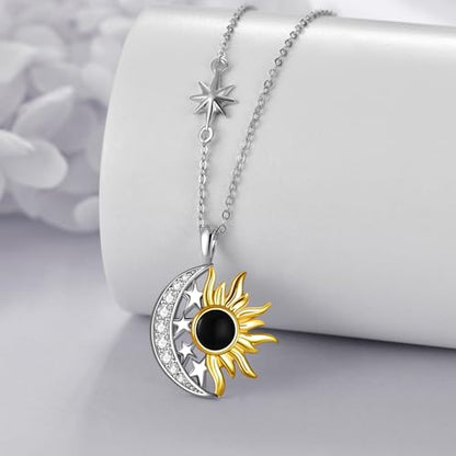 Sun and Moon Necklace for Women 925 Sterling Silver Celtic Crescent Moon Pendant Blue Opal/White Opal/Abelone Shell/Labradorite/Moonstone Jewelry Gift for Teen Girls - color: black agate