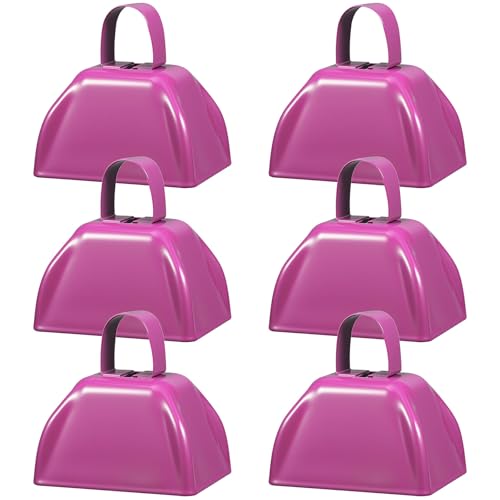 6 Pcs 3 Inch Metal Cowbells Noise Maker Hand Percussion Cow Bells with Handles for Sporting Events Cheering Noisemakers Weddings Team Spirit Sports Party Favors (Pink) - color: Pink