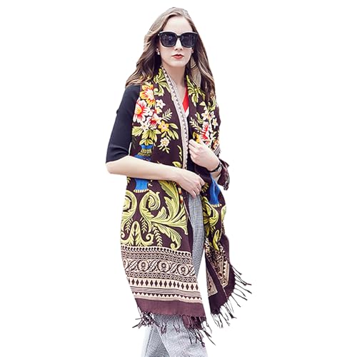 100% Merino Wool Pashmina Shawl for Women 96"x43", Oversized Cashmere Wrap with Tassels, Floral Travel Blanket Cape - color: Coffee Yellow Baroque Floral