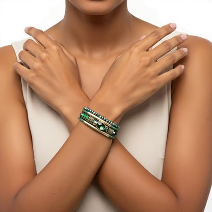 Edoneery Leather Wrap Bracelet for Women, Boho Handmade Multi-Layer Cuff with Crystal Beads Heart, Stackable Bangle Western Jewelry Gift - style: Crystal(Green)
