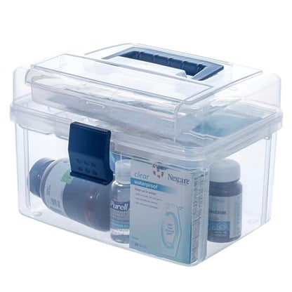 MyGift 10 Inch First Aid Clear Bin with Detachable Tray and Blue Quick Access Top Lid Flap, Portable Emergency Kit, Medical Supply Travel Tote, Medicine Storage Box Container (Navy) - color: Navy