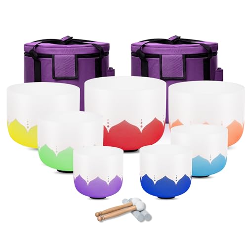 6-12inch Color Lotus 432hz Quartz Crystal Singing Bowls Set of 7, for Healing Mindfulness Meditation Yoga Sound Baths with Case Mallet Suede Striker