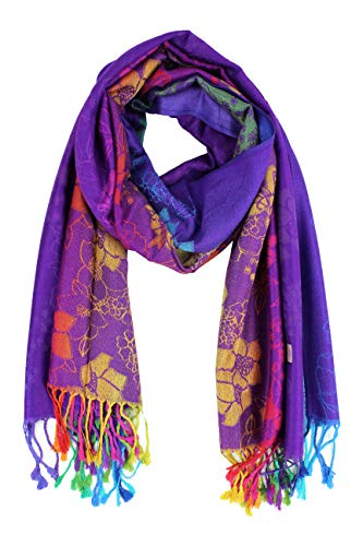 PASKMLNA Double Side Multi Colors Silky Tropical Colorful Exotic Pashmina Wrap Shawl Scarf Rave - color: 051-purple Multi Feathers