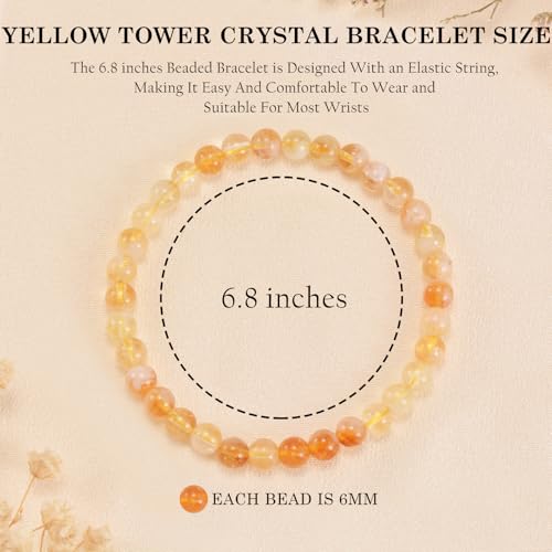 Agate Round Beaded Bracelet for Women Men Natural Agates Stone Healing Bracelets Stretch Elastic Handmade Polished Gemstone Beads Bracelet - color: Yellow Tower Crystal, size: 6mm Beads