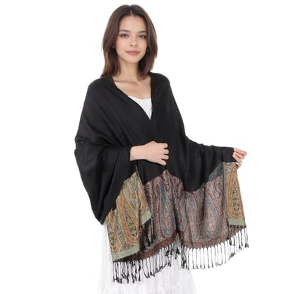 MUQU Women Pashmina Shawls and Wraps Scarf Soft Silky Reversible Paisley Scarves Shawl for Women - color: Black-b