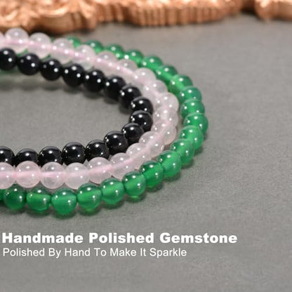 3PCS Agate Bracelet for Women Men Natural Round Beaded Agates Stone Healing Stretch Bracelets Elastic Handmade Polished Gemstone Beads Bracelet - color: Black+Pink+Green