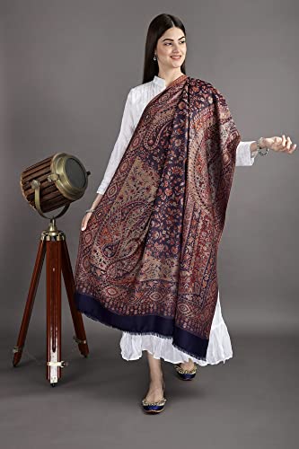 Exotic India Reversible Jamawar Shawl with Woven Paisleys - Wool - color: Medieval Blue