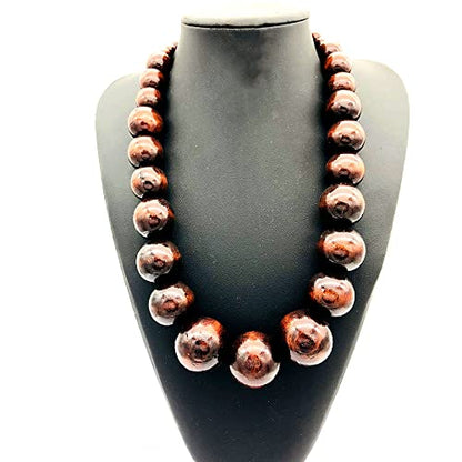 COLORFUL BLING Ethnic Natural Wood Beads Necklace for Men Women Africa Wooden Chain Chunky Strand Necklace Statement Hip Hop Jewelry - color: short dark
