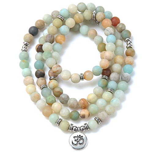 8mm 108 Mala Beads Wrap Bracelet Necklace for Yoga Charm Bracelet Natural Gemstone Jewelry for Women Men - color: OM Matte Amazonite Stone