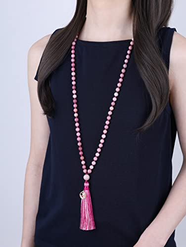 COAI OM Charm Hand Knotted Tassel 108 Mala Beads Necklace - color: Rhodonite, size: 8mm