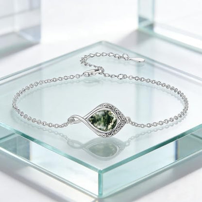 PELOVNY Celtic Knot Bracelet for Women 925 Sterling Silver Infinity Gemstone/Birthstone Bracelets Birthday Christmas Jewelry Gifts for Mom Daughter Wife - color: 02-Filigree-Moss Agate
