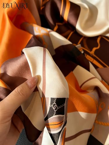 100% Mulberry Silk Oversized Women’s Sun-Shielding Shawl Formal Evening Neckwear Featherlight Airy - color: N15-tangerine Geo Scarf（69" X 21"inch）