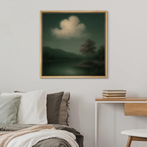 SIGNWIN Framed Canvas Print Wall Art Misty Green Night Landscape Dreamy Tree and Cloud Illustrations Fine Art Farmhouse/Country for Living Room, Bedroom, Office - 16"x16" NATURAL - color: BS18-2507-SAR17, size: 16L" x 16W"