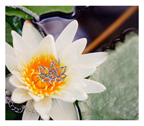 quan jewelry Yoga Lotus Flower Pendant Necklace with Om Symbol, Happy Birthday Gifts Ideas for Mom, Daughter, Women with Inspirational Quote on Gift Card - color: Silver-Tone