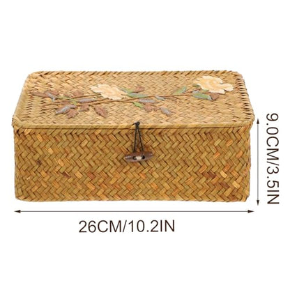 Woven Storage Box with Embroidery Pattern, Rectangular Medium-sized Sundries Organizer, Portable Straw Jewelry and Desktop Storage Case with Lid for Home and Office