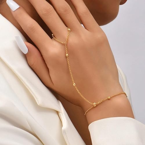 3PCS 14K Gold-Plated Hand Chain Bracelets for Women, Stack Bracelets Set Adjustable, Trendy Dainty Ring Bracelet Hand Chain - color: gold-3-cz2