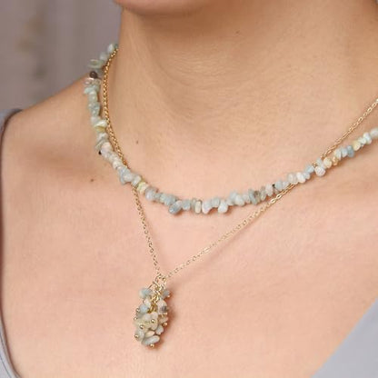 2Pcs Crystal Necklace for Women Handmade Choker Necklaces Pendant Necklace Natural Stone Gemstone Beaded Necklace 18k Gold Plated Adjustable Dainty Necklace for Women - color: Amazonite