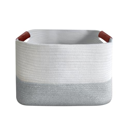 Small Cotton Rope Storage Basket with Leather Handles, 15 "L x 11.5" W x 7.5 "H, Home Decor Basket, Durable & Stylish Organizer for Home.(Small Light Gray) - color: White & Light Gray, size: S(15 "L x 11.5" W x 7.5"H)