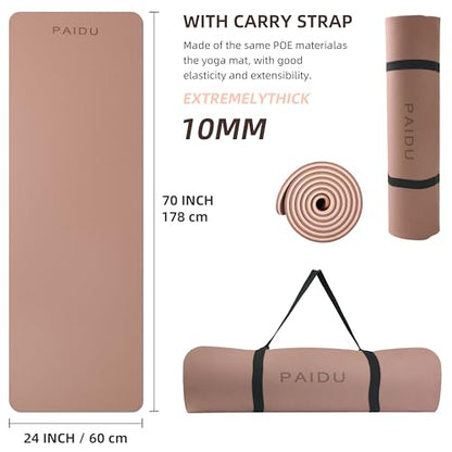 PAIDU Yoga Mat Non Slip Anti-tear,extra thick-2/5 inch（10MM）High Resiliency Professional POE Yoga Mats for Women Men Kids,72"x24"inch,Workout, Yoga, Pilates and Floor Exercise, with Carrier Strap - color: Brown+Apricot