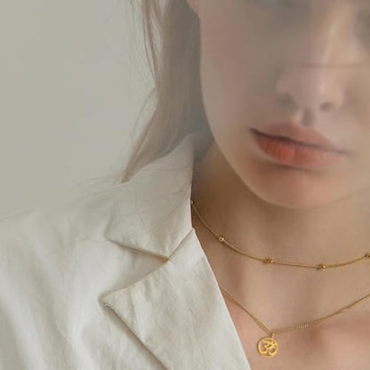 UNIFT Necklace For Women- Aum Om Ohm Sanskrit Symbol Round Pendant Beaded Double Layer Chain Charm Necklace,Hinduism Yoga Sanskrit Personalized Amulet Dainty Pendant Necklace Jewelry - color: gold