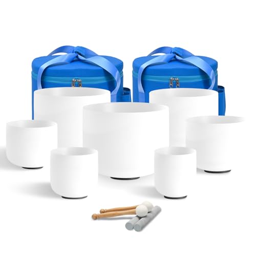 CVNC 440HZ 6-12 Inch Frosted Quartz Crystal Singing Bowls Chakra Set of 7 for Sound Healing with 2 PCS Travel Carry Case Bag - color: White-Blue Bag, size: 6"-12" White-Blue Bag