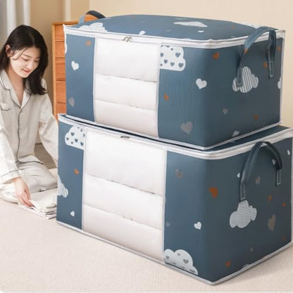 2pcs/set Large Capacity Wardrobe Storage Bag Fabric Dustproof Handles Printed Closet Organizer For Clothes Quilts, Navy&blue