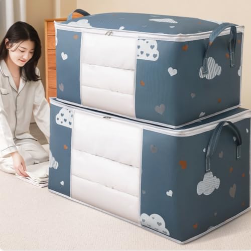 2pcs/set Large Capacity Wardrobe Storage Bag Fabric Dustproof Handles Printed Closet Organizer For Clothes Quilts, Navy&blue