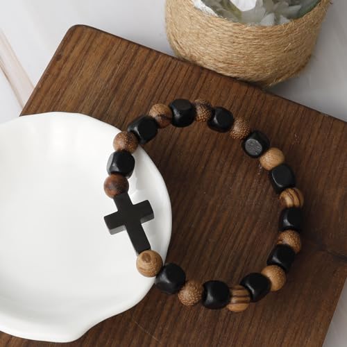 MILAKOO Wooden Bracelet with Black Stainless Steel Cross Charms Bead Christian Gifts for Women Men - color: C4