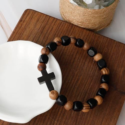 MILAKOO Wooden Bracelet with Black Stainless Steel Cross Charms Bead Christian Gifts for Women Men - color: C4