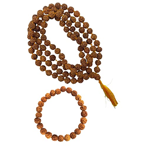 NAISHA Rudraksha Stretchable Bracelet & Rudraksha Mala 108+1 Beads Necklace 5 mukhi Paanch mukhi 5 face, Prayer Beads, Wrist Mala Wrap, Jaap Mala, Bracelet Bead Size 7 mm (Pack of 2)